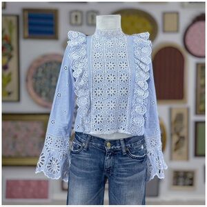 Sea blue and white embroidered blouse